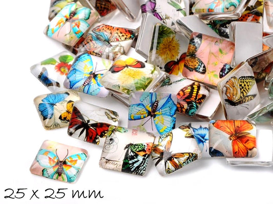 2 Stück Beklebte Glas Cabochons, Schmetterlinge,  25 x 25 mm