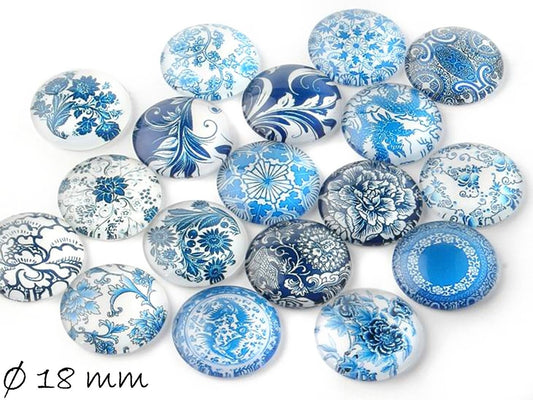 10 Stück beklebte Glas Cabochons, Baum, Blaue Blüten, Ø 18 mm