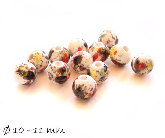 10 Stück Porzellan Perlen Ø 10 - 11 mm, schwarz-rot-weiß