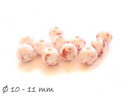 10 Stück Porzellan Perlen Ø 10 - 11 mm, rot-weiß
