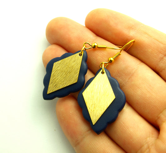 Statement Ohrringe Raute Polymer Clay blau golden