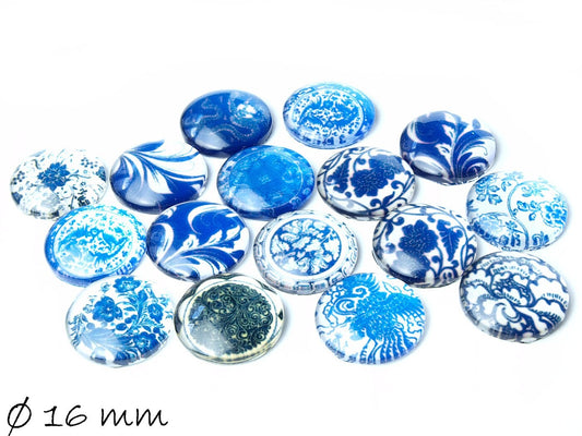 10 Stück beklebte Glas Cabochons, Baum, Blaue Blüten, Ø 16 mm