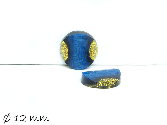 Stück runde Resin Cabochons, Ø 12 mm, blau-gold mit Glitzer