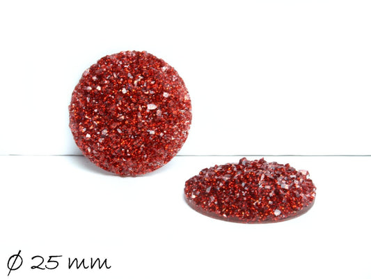 2 Stück Resin Cabochons, rund, Druzy-Imitat 25 mm, rot