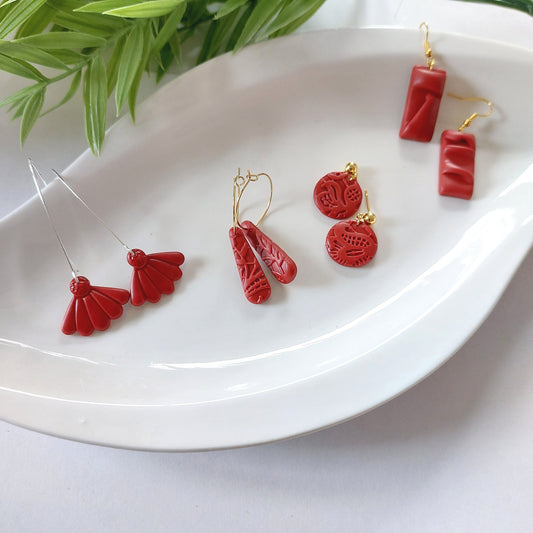 Statement Ohrringe Polymer Clay Blüten Tropfen Kreis Blätter rot nach Wahl