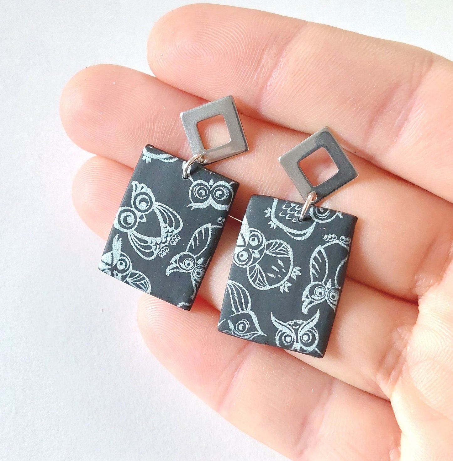 Statement Ohrringe Polymer Clay Eule schwarz silber nach Wahl