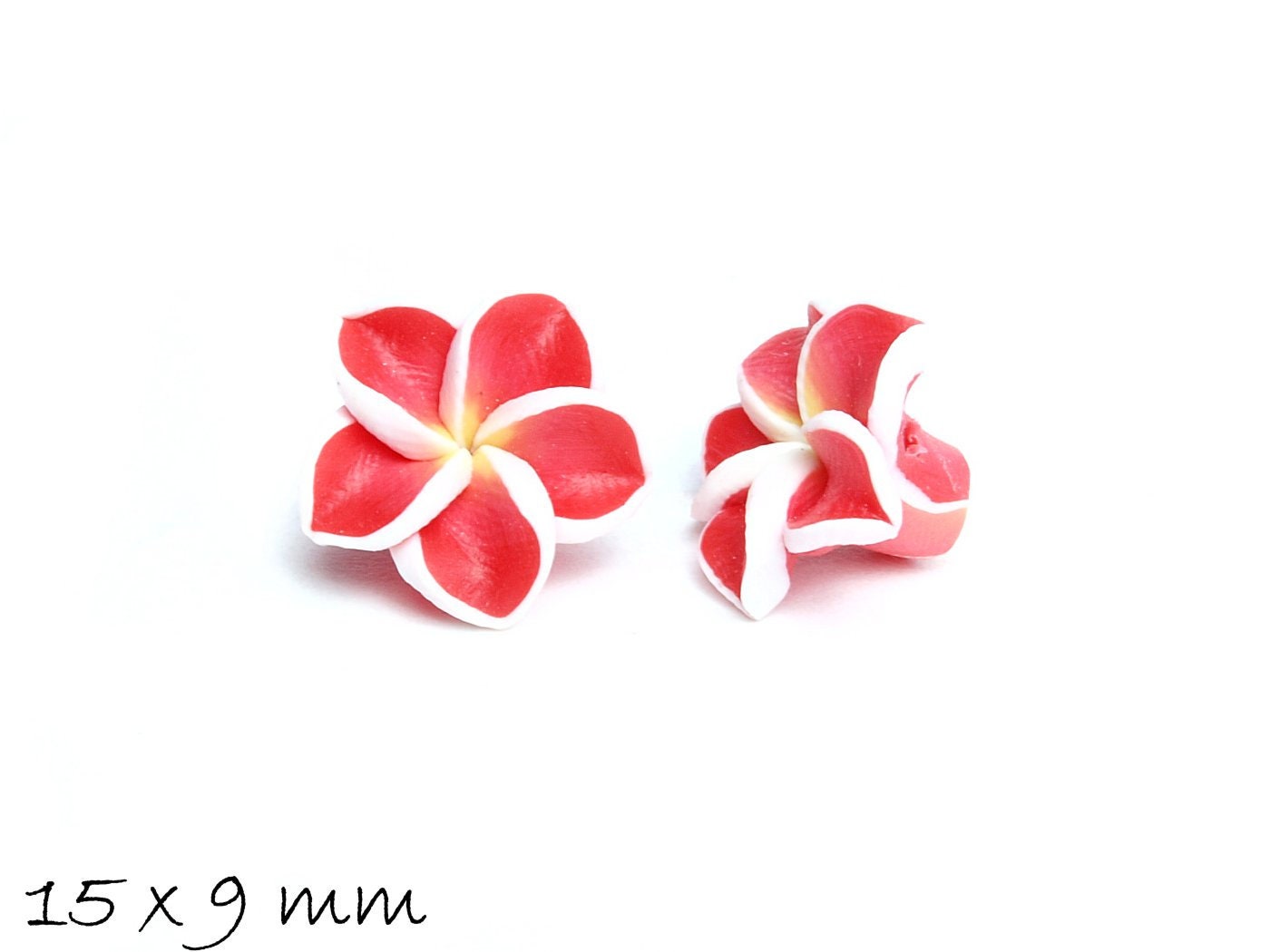 4 Stück Frangipani Blüten, Fimo Clay, rot 15 x 9 mm