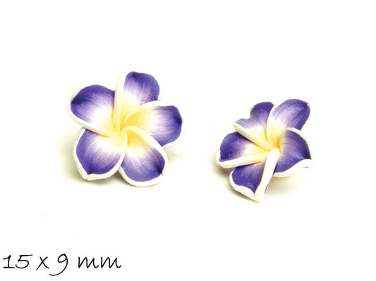 4 Stück Frangipani Blüten, Fimo Clay, lila-gelb, 15 x 9 mm