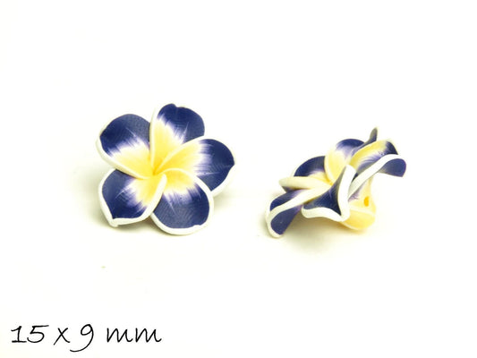 4 Stück Frangipani Blüten, Fimo Clay, blau-gelb, 15 x 9 mm