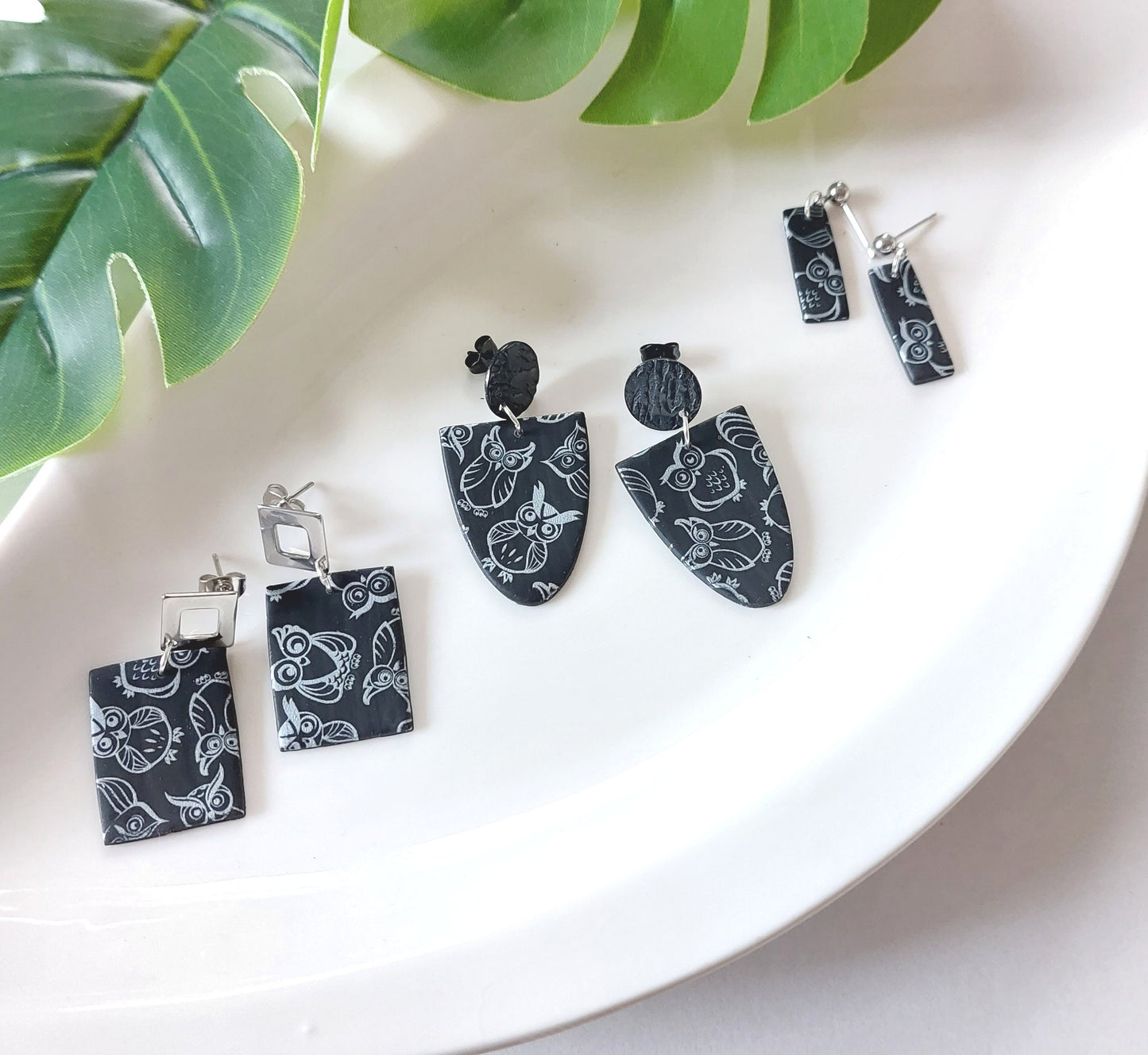 Statement Ohrringe Polymer Clay Eule schwarz silber nach Wahl