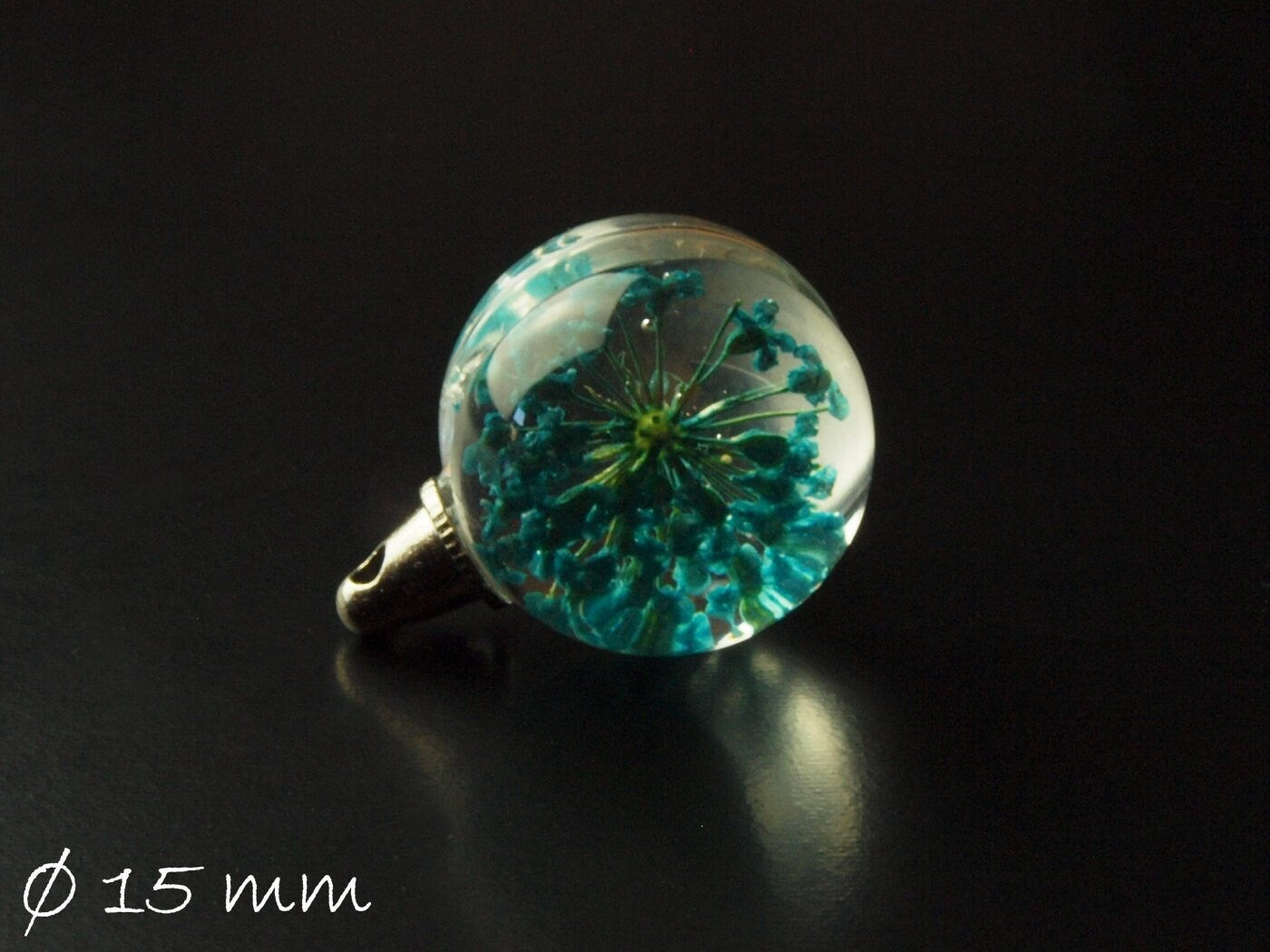 1 Stück Anhänger Glaskugel mit echten Blüten Ø 15 mm, Rosa, silber