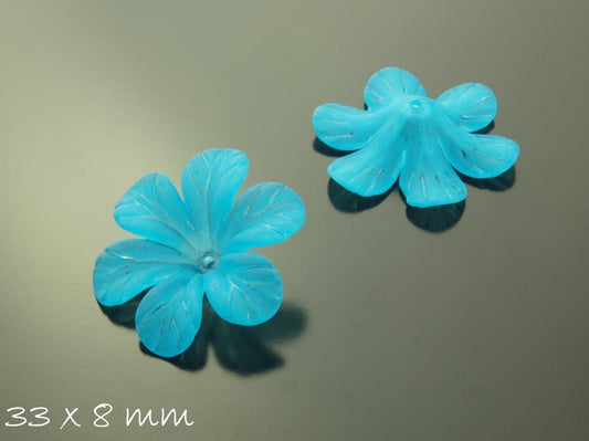 6 Stück gefrostete lucite Acrylblüten, 33 x 8 mm, Blau