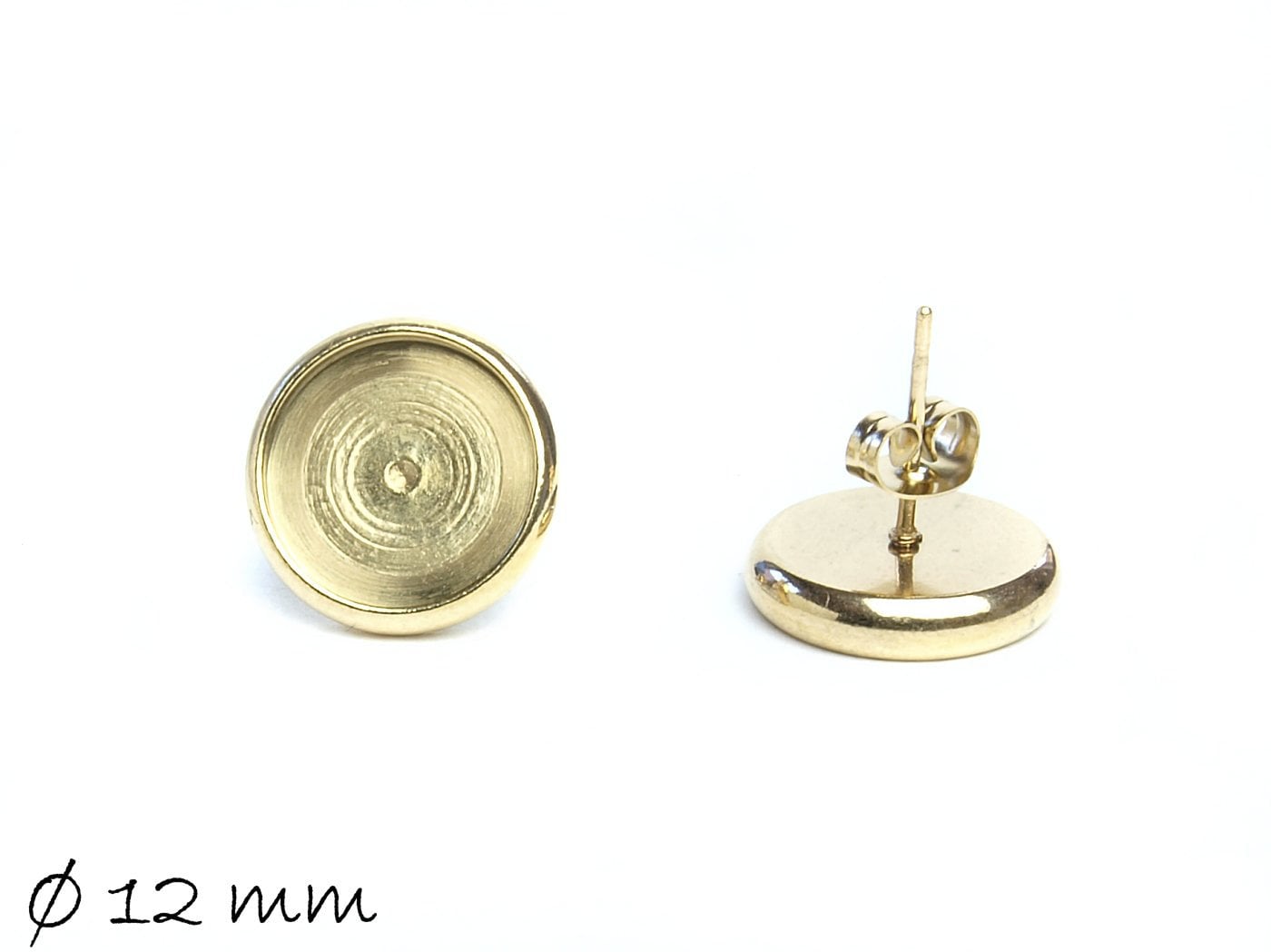 10 Stück Massive Ohrsteckerrohlinge mit Cabochonfassung (12 mm) aus Edelstahl, gold