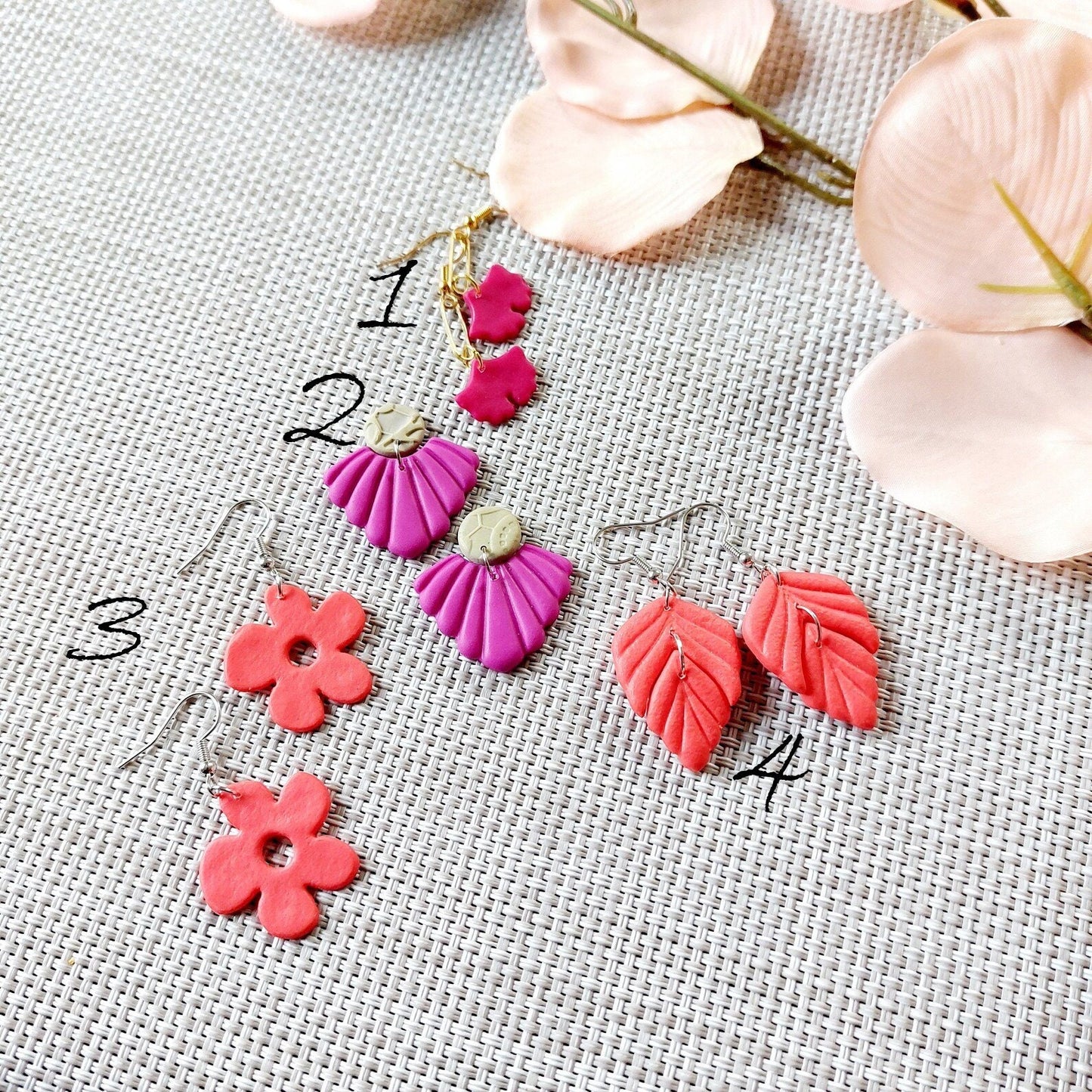 Statement Ohrringe Polymer Clay rot pink Blätter Blüten Creolen nach Wahl